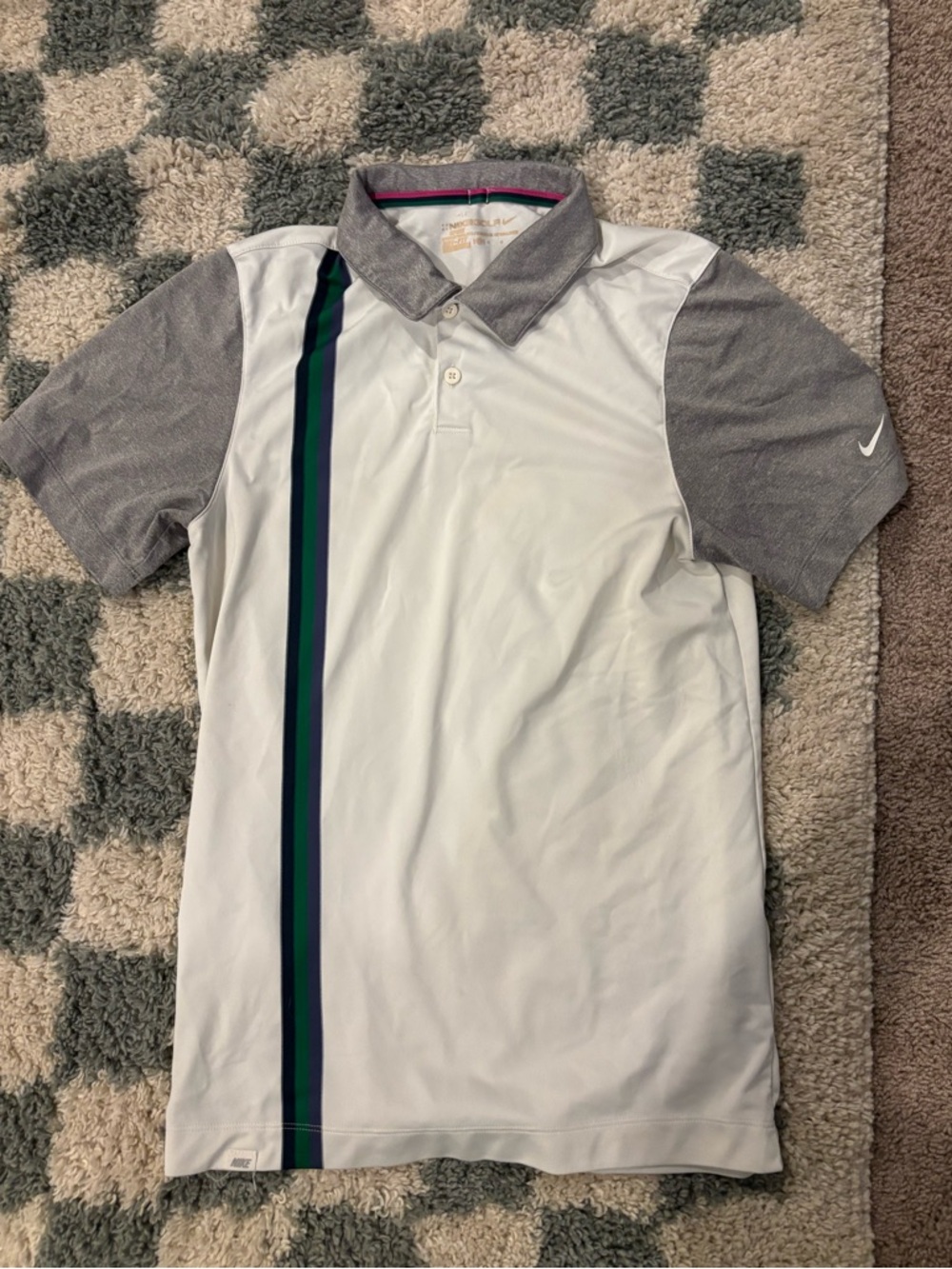 Nike White Polo with Gray Sleeves and Navy/Green Stripe